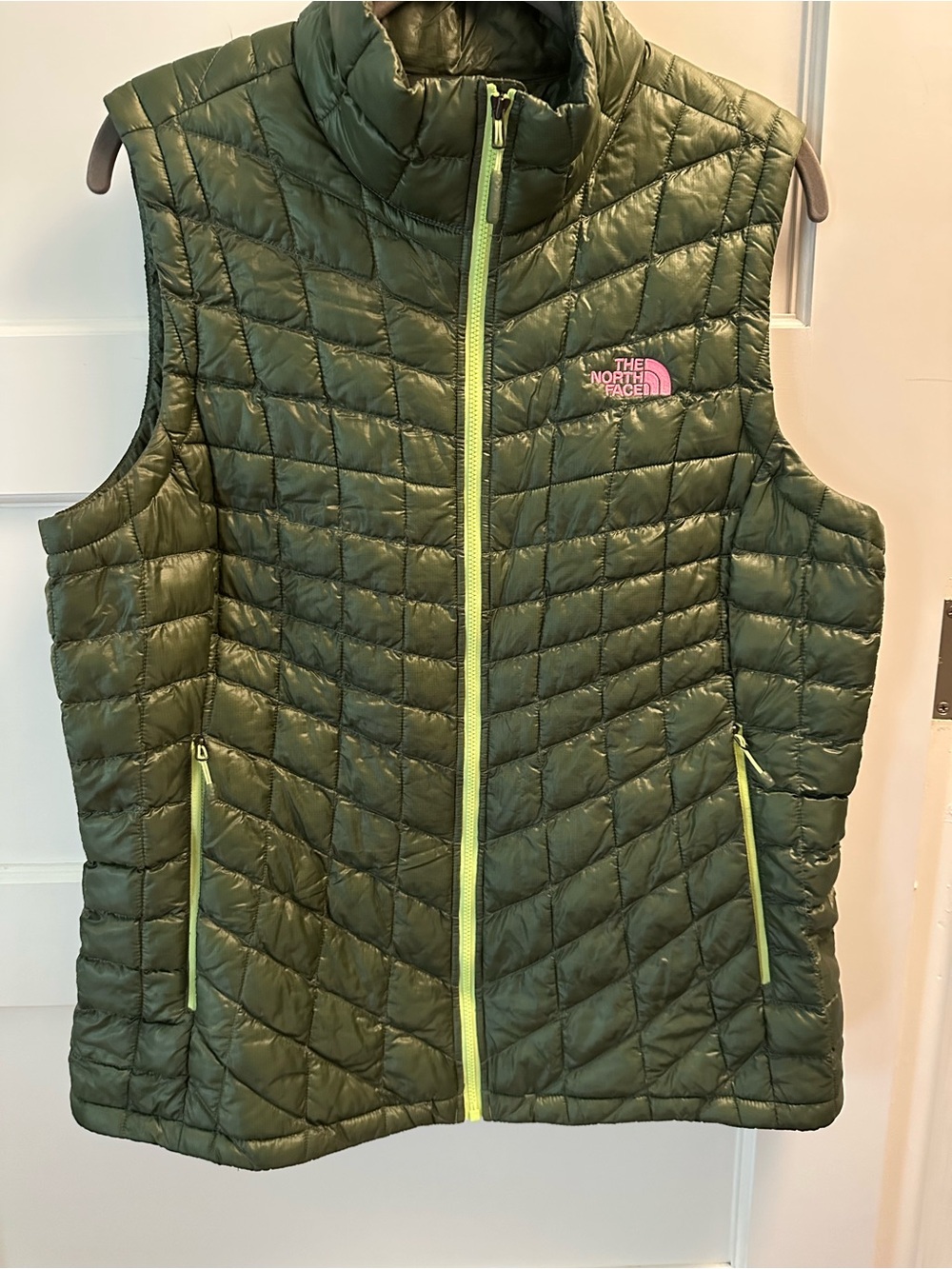 The North Face Olive Green Quilted Vest with Lime Trim